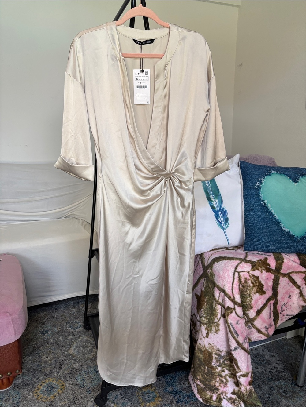 Zara Ivory Satin Twist-Front Midi Dress